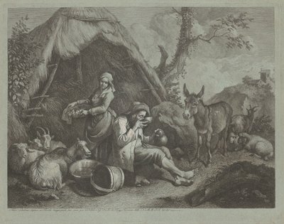 Sitzender alter Mann und Frau mit einem Korb Eier von Francesco Londonio