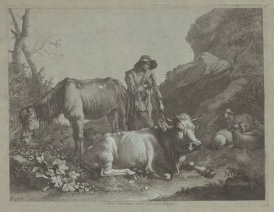 Hirte ruht sich auf einem Gehstock mit einem alten Pferd und einem liegenden Stier aus von Francesco Londonio