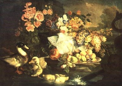 Stillleben mit Früchten und Blumen mit Ente, Erpel und Entenküken von Francesco Morosini