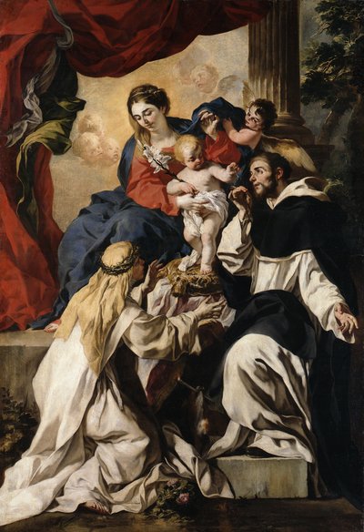 Die thronende Maria mit dem Kind, dem heiligen Dominikus und der heiligen Katharina von Siena (Rosenkranzmadonna) von Francesco Solimena