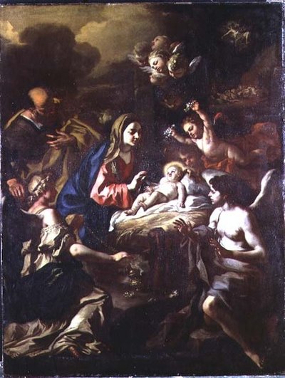 Geburt Christi mit anbetenden Engeln und Verkündigung an die Hirten von Francesco Solimena