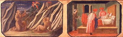 (LtoR) St. Franziskus von Assisi empfängt die Stigmata, SS. Cosmas und Damian heilen einen kranken Mann; Kopien der Originaltafeln, die Teil der Predella zur Madonna mit Kind auf dem Thron von Filippo Lippi sind von Francesco di Stefano Pesellino