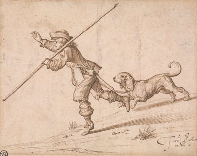 Mann jagt mit einem spitzen Stab und einem Hund von Francis Barlow