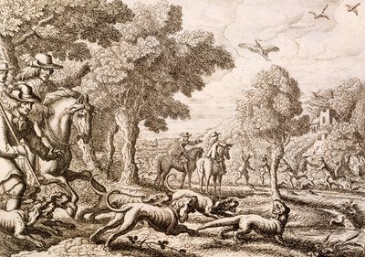 Otterjagd an einem Fluss, graviert von Wenceslaus Hollar, 1671 von Francis Barlow