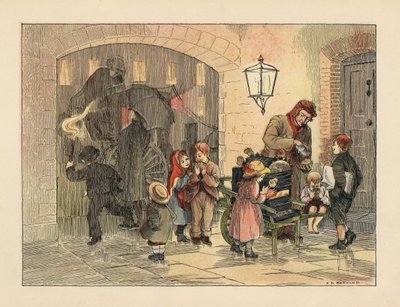 Viktorianische Kinder essen heiße Kartoffeln vom Kartoffelmann. Im Hintergrund besteigen Menschen mit Regenschirmen einen Kutschwagen im Regen. Chromolithographie nach einer Illustration von Francis Donkin Bedford aus Edward Verrall Lucas