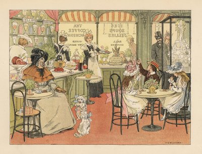 Viktorianische Kunden in einem Tee- und Süßwarengeschäft. Chromolithographie nach einer Illustration von Francis Donkin Bedford aus Edward Verrall Lucas