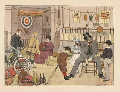 Viktorianischer Vater und Kinder kaufen Cricket-Schläger im Sportgeschäft. Golfer in Plusfours mit einem Verkäufer. Chromolithographie nach einer Illustration von Francis Donkin Bedford aus Edward Verrall Lucas