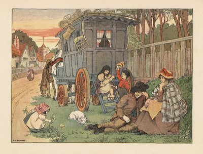 Viktorianische reisende Basketballmacher mit ihren Waren auf dem Dach ihres Wohnwagens. Chromolithographie nach einer Illustration von Francis Donkin Bedford aus Edward Verrall Lucas