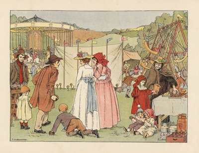 Viktorianische Jugendliche bei einem Kokosnussstand, Kinder auf Schaukeln und Karussell auf einem Dorffest. Chromolithographie nach einer Illustration von Francis Donkin Bedford aus Edward Verrall Lucas