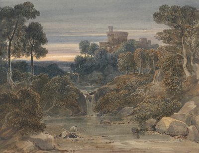 Landschaft mit Schloss, Wasserfall und Bach im Vordergrund von Francis Oliver Finch
