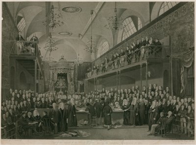 Innenansicht des House of Lords, Westminster, London, während der wichtigen Untersuchung im Jahr 1820 von Francis Phillip Stephanoff