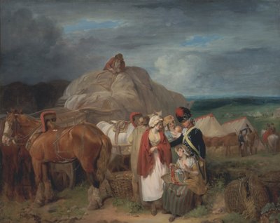 Soldat mit Landfrauen, die Bänder verkaufen, in der Nähe eines Militärlagers von Francis Wheatley