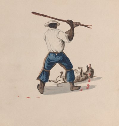 Ein Mann von hinten gesehen, der einen Hund mit einem Stock schlägt, ca. 1848 von Francisco