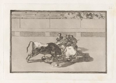 Caida de un picador de su caballo debajo del toro (Ein Picador wird abgeworfen und fällt unter den Stier), Platte 26 aus La tauromaquia von Francisco de Goya