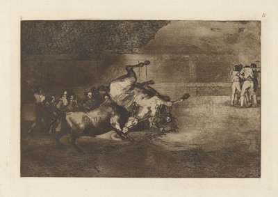 Pferd von einem Stier geworfen, Platte B aus La tauromaquia (dritte Ausgabe) von Francisco de Goya