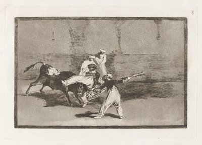 Cogida de un moro estando en la plaza (Ein Maure wird in der Arena vom Stier gefangen), Platte 8 aus La tauromaquia von Francisco de Goya