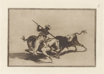 El animoso Moro Gazul es el primero que lanceó toros en regla. (Der temperamentvolle Maure Gazul ist der Erste, der Stiere nach den Regeln spießt), Platte 5 aus La tauromaquia von Francisco de Goya