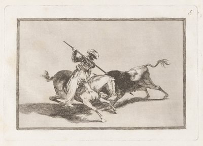 Der mutige Maure Gazul ist der Erste, der Stiere nach den Regeln speert, Platte 5 aus La tauromaquia von Francisco de Goya