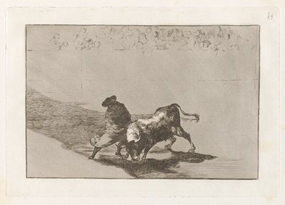 Der sehr geschickte Student von Falces, in seinen Umhang gehüllt, trickst den Stier mit seinen Bewegungen aus, Platte 14 aus La tauromaquia von Francisco de Goya