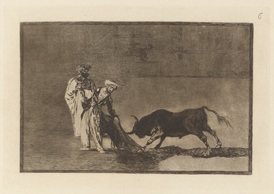 Die Mauren machen ein anderes Spiel im Ring und rufen den Stier mit ihrem Burnous, Platte 6 aus La tauromaquia von Francisco de Goya