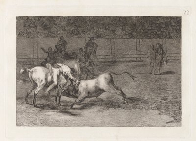 Mariano Ceballos, alias der Indianer, tötet den Stier von seinem Pferd aus, Platte 23 aus La tauromaquia von Francisco de Goya
