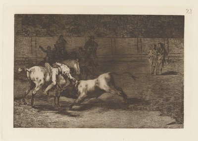 Mariano Ceballos, alias der Indianer, tötet den Stier von seinem Pferd aus, Platte 23 aus La tauromaquia von Francisco de Goya