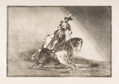 Tafel 10 aus La Tauromaquia: Karl V. spießt einen Stier in der Arena von Valladolid, 1816 von Francisco de Goya