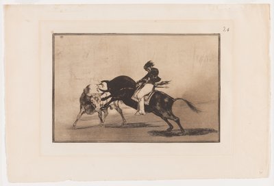 Tafel 24 aus La Tauromaquia: Der gleiche Ceballos auf einem anderen Stier bricht kurze Speere im Ring in Madrid von Francisco Jose de Goya y Lucientes