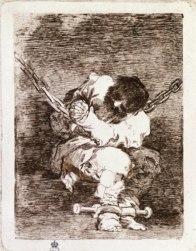 Gefangener in Ketten sitzend - Sicherheit ist so barbarisch wie das Verbrechen (Radierung) von Francisco de Goya