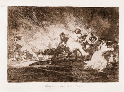 Die Schrecken des Krieges: Sie entkommen durch die Flammen (Radierung nach einer Zeichnung) von Francisco de Goya