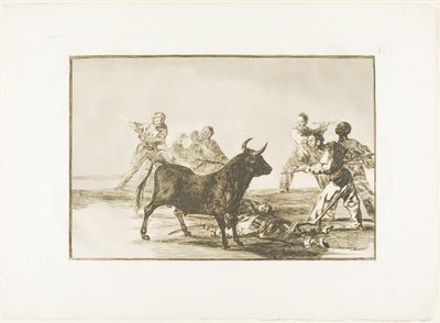Das Gesindel lähmt den Stier mit Lanzen, Sicheln, Banderillas und anderen Waffen, Platte zwölf aus Die Kunst des Stierkampfs von Francisco Jose de Goya y Lucientes