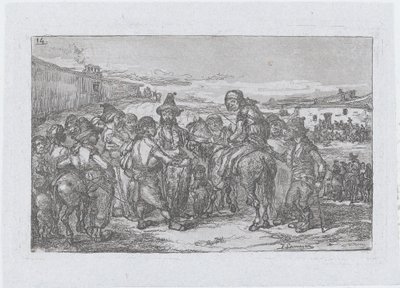 Tafel 14: eine große Gruppe von Menschen im Freien, möglicherweise eine Schauspielertruppe, aus der Serie von Francisco Lameyer Berenguer