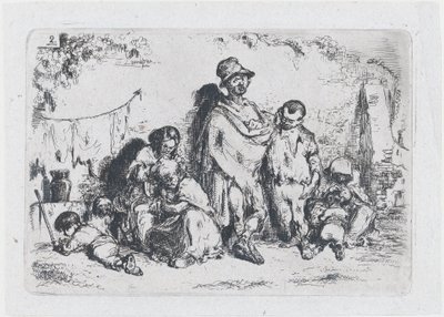 Platte 2: eine Gruppe von Menschen auf der Straße, möglicherweise Bettler, aus der Serie von Bräuchen und..., 1850 von Francisco Lameyer Berenguer