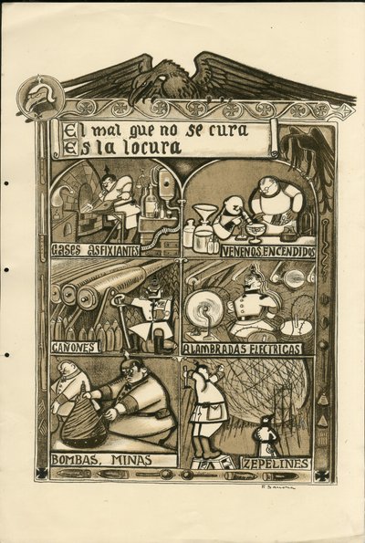 Illustration von Francisco Sancha Lengo (1874-1936) - Fliegendes Blatt, circa 1915 - El mal que no se cura es la locura - Krieg von 14-18, Deutschland Preußen, Erstickungsgas, Spanische Sprache, Ausländische Presse von Francisco Sancha y Lengo