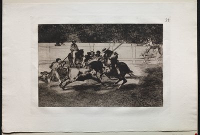 Stierkämpfe: Der kraftvolle Rendon sticht einen Stier mit der Lanze, an der er in der Arena in Madrid starb von Francisco de Goya