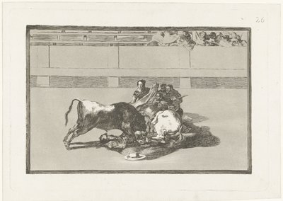 Ein Picador ist von seinem Pferd gestürzt und liegt unter dem Stier (Serientitel) von Francisco de Goya
