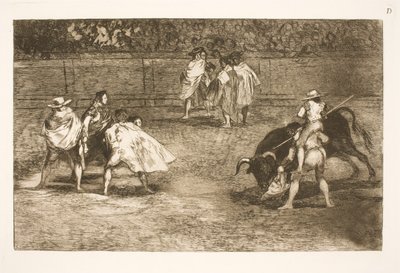 Ein Stierkämpfer, auf den Schultern eines Helfers sitzend, sticht einen Stier von Francisco de Goya