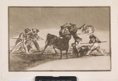 Die Mauren benutzen Esel als Barriere, um sich gegen den Stier zu verteidigen, dessen Hörner mit Kugeln versehen sind von Francisco de Goya