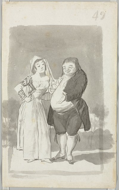 Prostituierte, die einen dicken, hässlichen Mann anwirbt recto, junge Frau, die sich die Hände ringt...verso, 1796-97 von Francisco de Goya