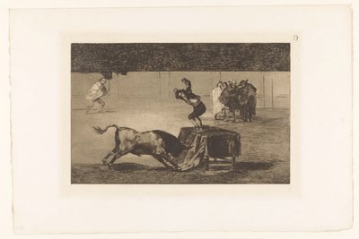 Stierenvechter stehend auf einem Tisch in der Arena. Otra locura suya en la misma plaza. Stierengevechten (Serientitel). La Taureaumachie (Serientitel). La Tauromaquia (Serientitel) von Francisco de Goya