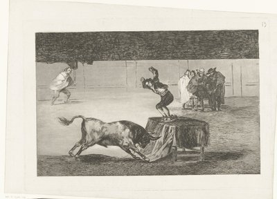 Stierkämpfer stehend auf einem Tisch in einer Arena (La Tauromaquia) von Francisco de Goya