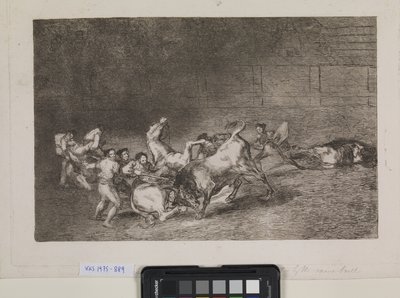 Zwei Picadores werden nacheinander von einem einzigen Stier umgeworfen von Francisco de Goya
