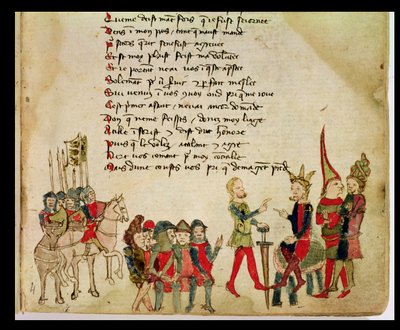Ms Est 27 W 8.17 f.4r Attila der Hunne (ca. 406-453) im Gespräch mit einem seiner Krieger, aus Der Krieg des Attila von Nicola da Casola von Franco Italian School
