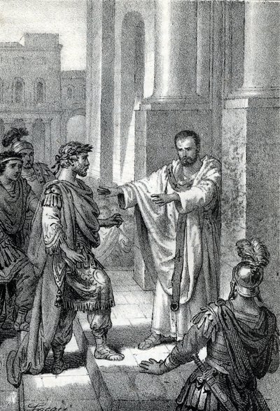 Der Erzbischof Heiliger Ambrosius von Mailand verbot dem römischen Kaiser Theodosius I den Eintritt in die Kirche, um ihn für das Massaker von Thessaloniki im Jahr 390 zu bestrafen - Exkommunikation von Franco Mistrali