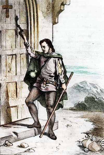 Der junge Girolamo Savonarola klopft an die Tür des Dominikanerklosters Santo Domenico in Bologna im Jahr 1475 von Franco Mistrali