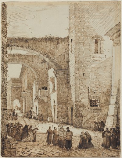 Ein Priester, der durch eine mittelalterliche Straße in Viterbo zieht von Francois-Marius Granet