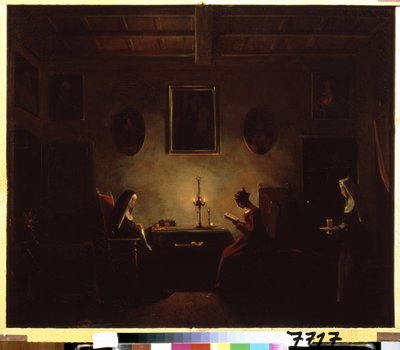 Interieur. Szene in einem Kloster, ein Mädchen liest bei Kerzenlicht, zwei Nonnen sind im Raum. von Francois Marius Granet