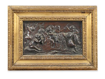 Rechteckiges Bronze-Relief von bacchantischen Kindern, die mit einer Ziege spielen von Francois (after) Duquesnoy