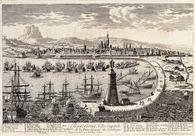 Ansicht der Stadt und des Hafens von Barcelona im 18. Jahrhundert. Gravur von Francois Antoine Aveline. Barcelona, Museu d