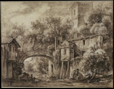 Architekturcapriccio mit der Mühle von Quiquengrogne bei Charenton von François Boucher